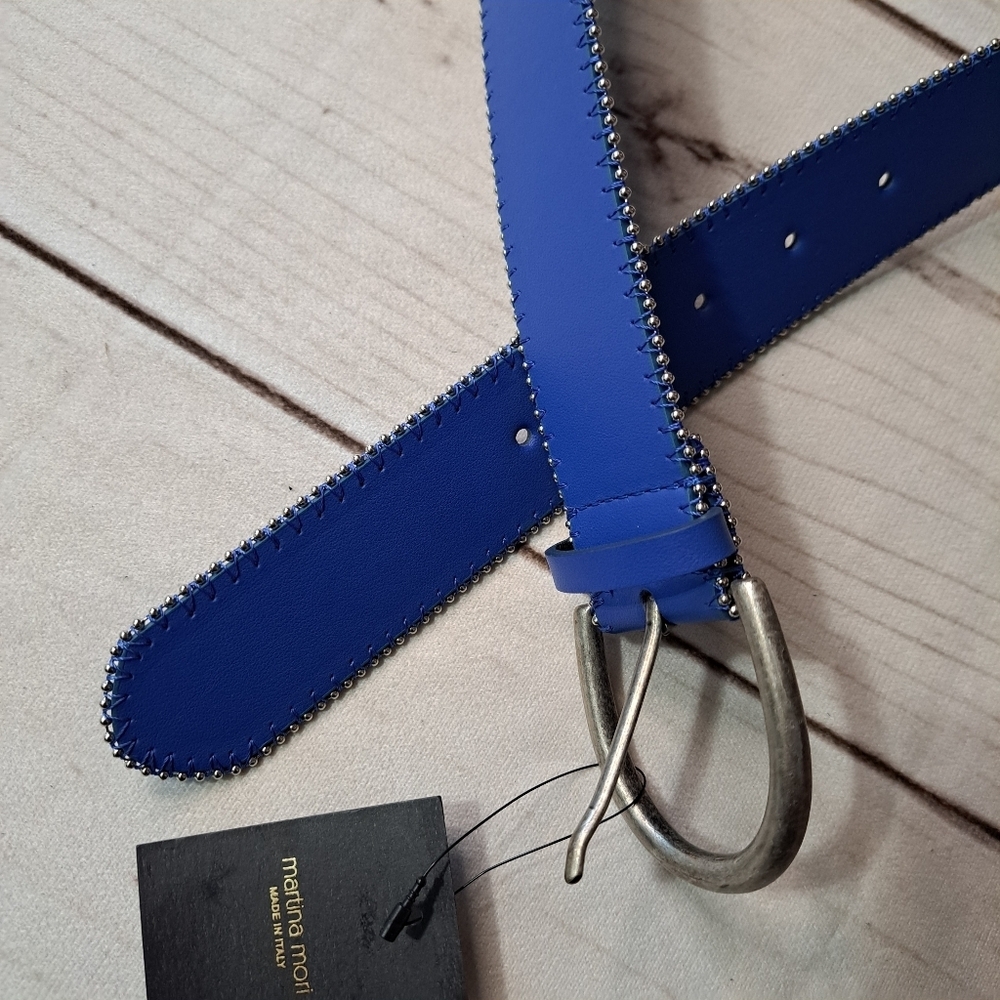 Martina Mori Blue Leather Belt With Silver Tone Ball Accents